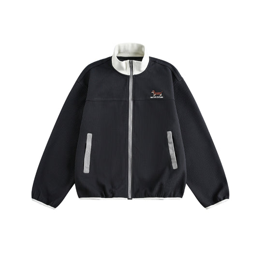 Damen Waffelstruktur Zipjacke im Boxy‑Cut mit Stehkragen und Hundestickerei Shop Nory