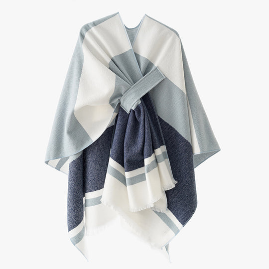 Damen Strickponcho mit geometrischem Blockmuster und Fransen Shop Nory