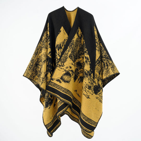 Damen Capeponcho aus Wollmix mit zweifarbiger Jacquardstruktur und Zierstichrand Shop Nory