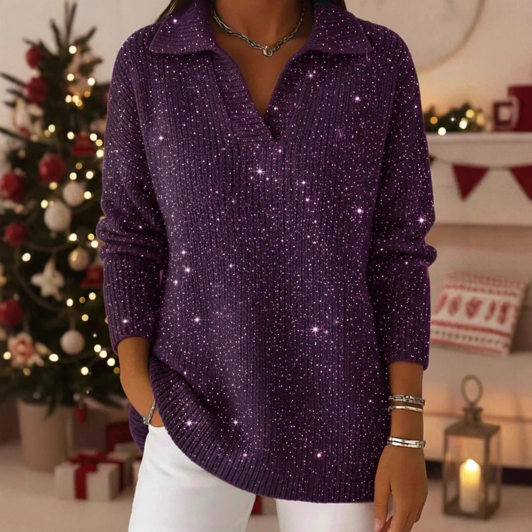 Damen Eleganter V-Pullover mit glänzenden Akzenten