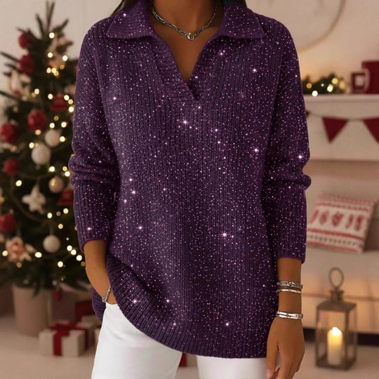 Damen Eleganter V-Pullover mit glänzenden Akzenten