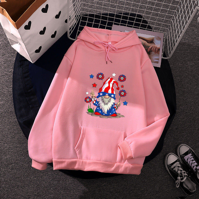 Damen nan Kapuzenpullover mit patriotischem Gartenzwerg-Print, angerautem Fleece-Innenfutter, Oversize-Schnitt und Kängurutasche Shop Nory