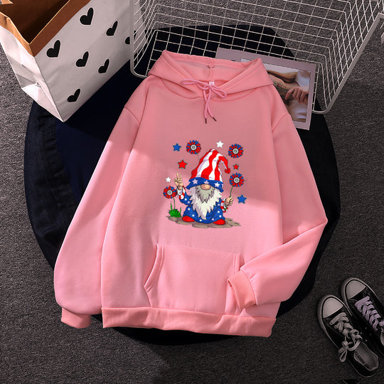 Damen nan Kapuzenpullover mit patriotischem Gartenzwerg-Print, angerautem Fleece-Innenfutter, Oversize-Schnitt und Kängurutasche Shop Nory