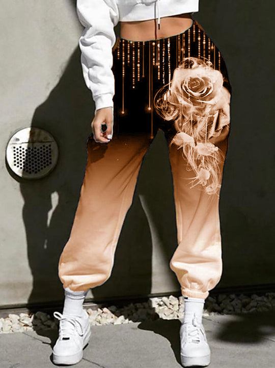 Damen Hohe Taille Jogginghosen mit Ombre-Gradient, Smoke Rose Druck und Elastischen Bündchen Shop Nory