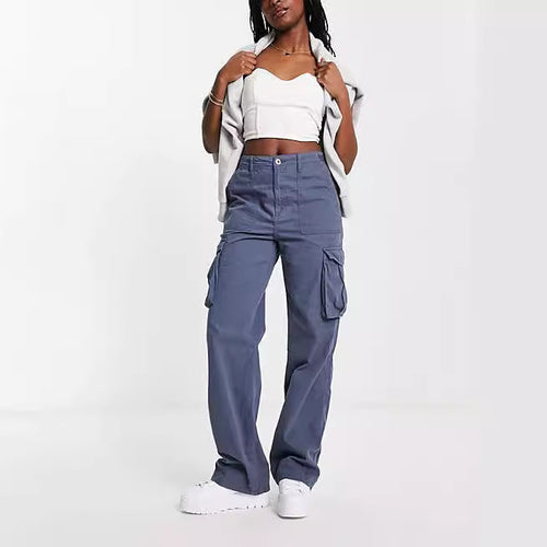 Damen nan weite High-Waist Cargo-Hose mit aufgesetzten Pattentaschen und geradem Bein Shop Nory