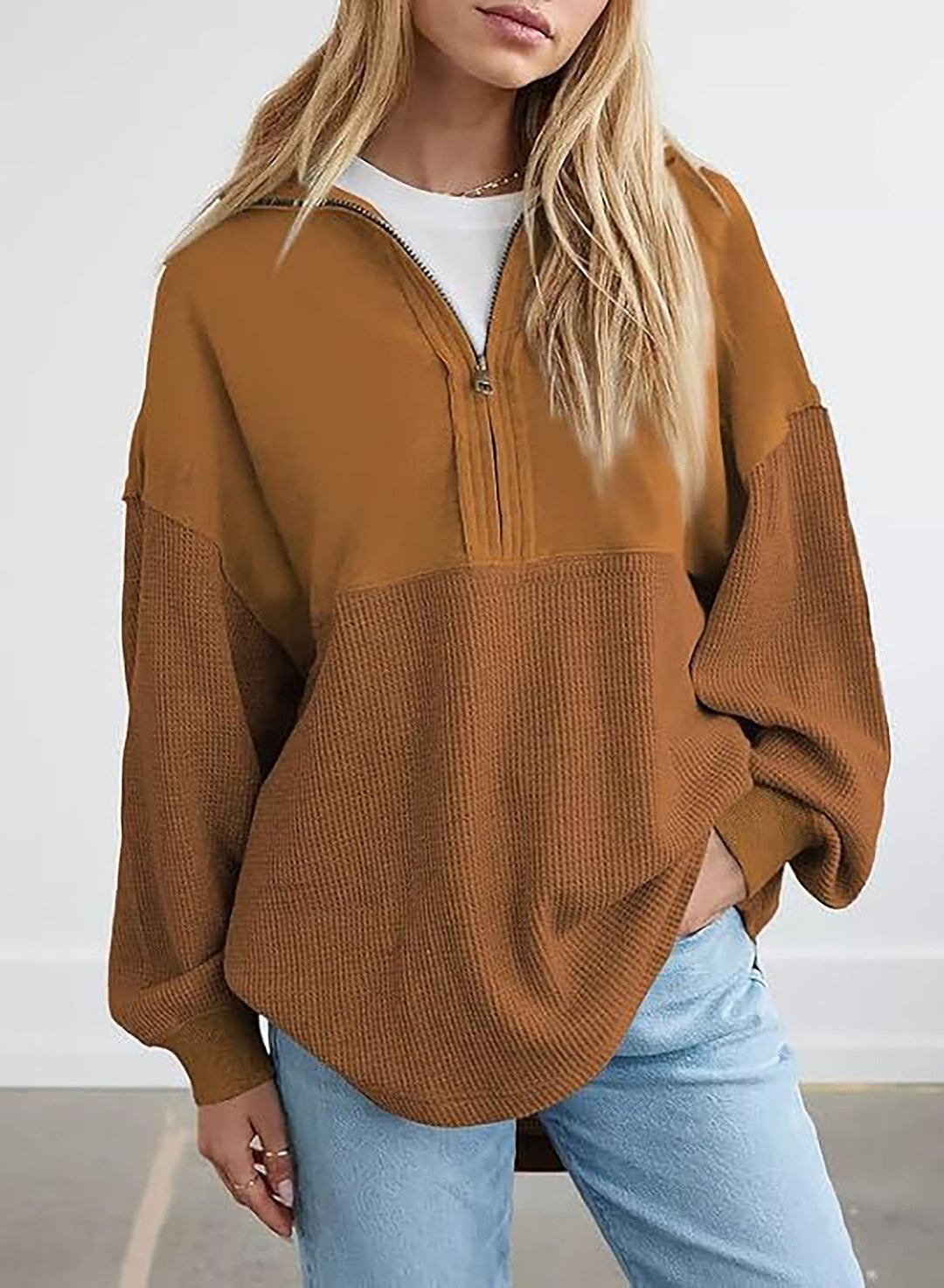 Damen Oversize-Halbzip-Pullover mit Waffelstrick-Einsätzen Shop Nory