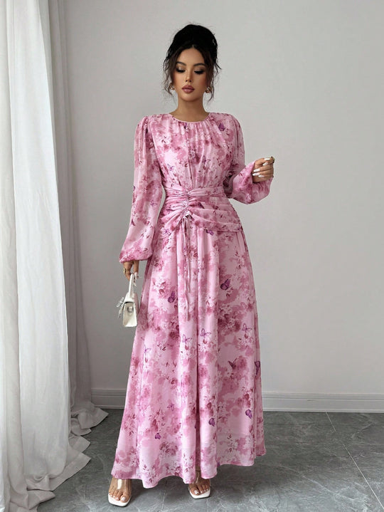 Damen Maxikleid mit floralem Schmetterlingsprint, geraffter Taillenpartie und langen Ballonärmeln Shop Nory