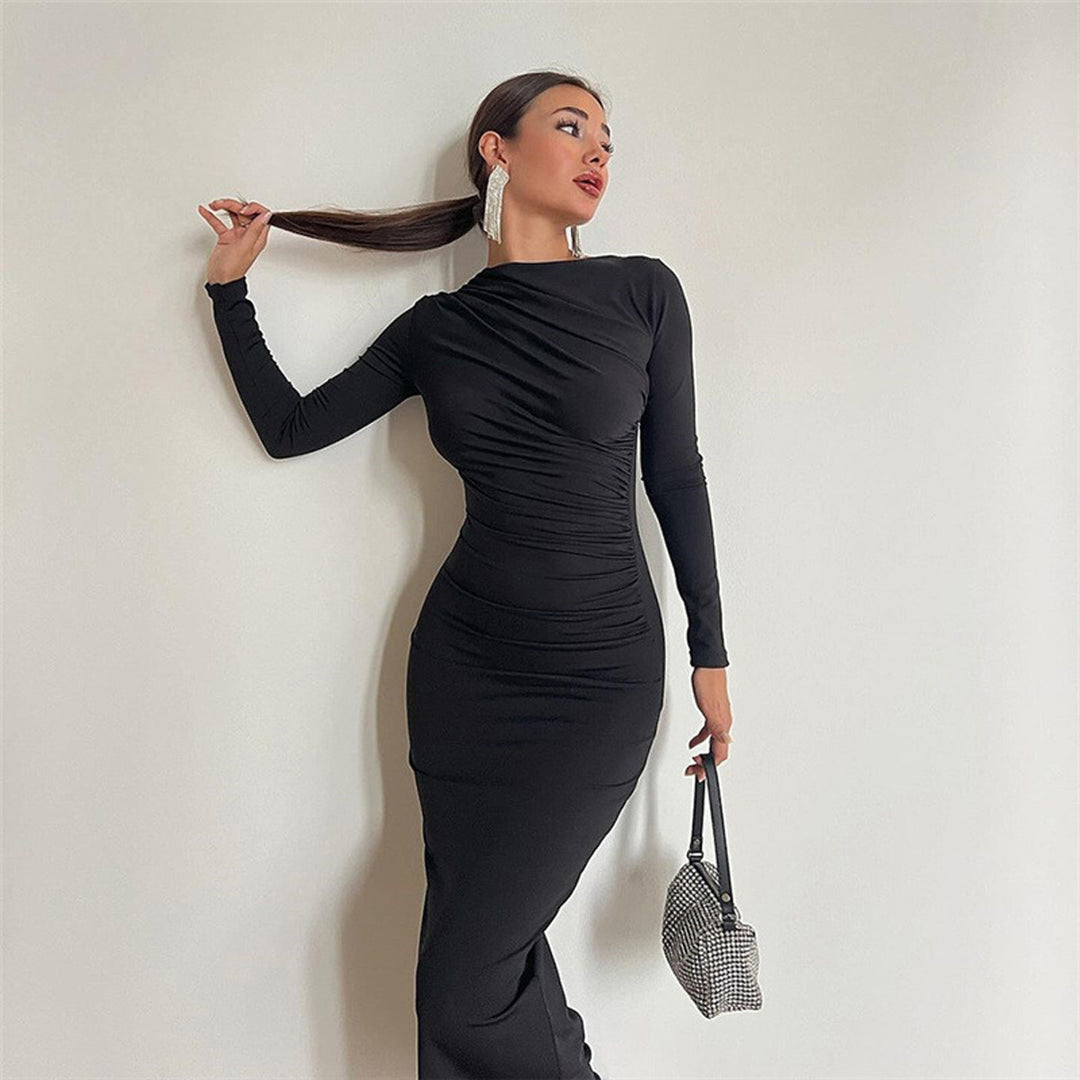 Damen figurbetontes Maxikleid mit hohem Kragen und seitlicher Raffung Shop Nory