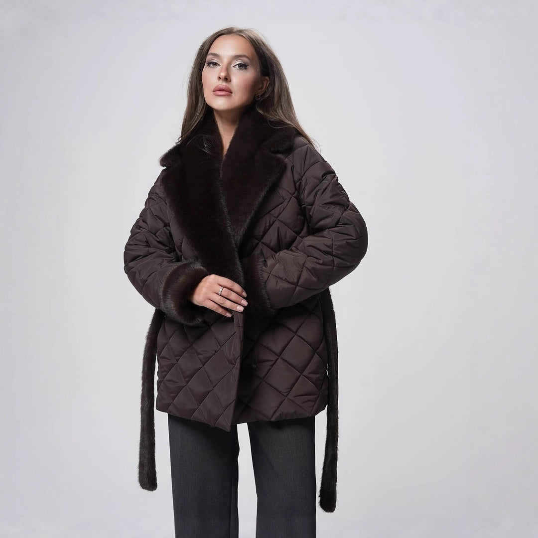 Damen Steppmantel mit Fellbesatz und Taillengürtel Shop Nory