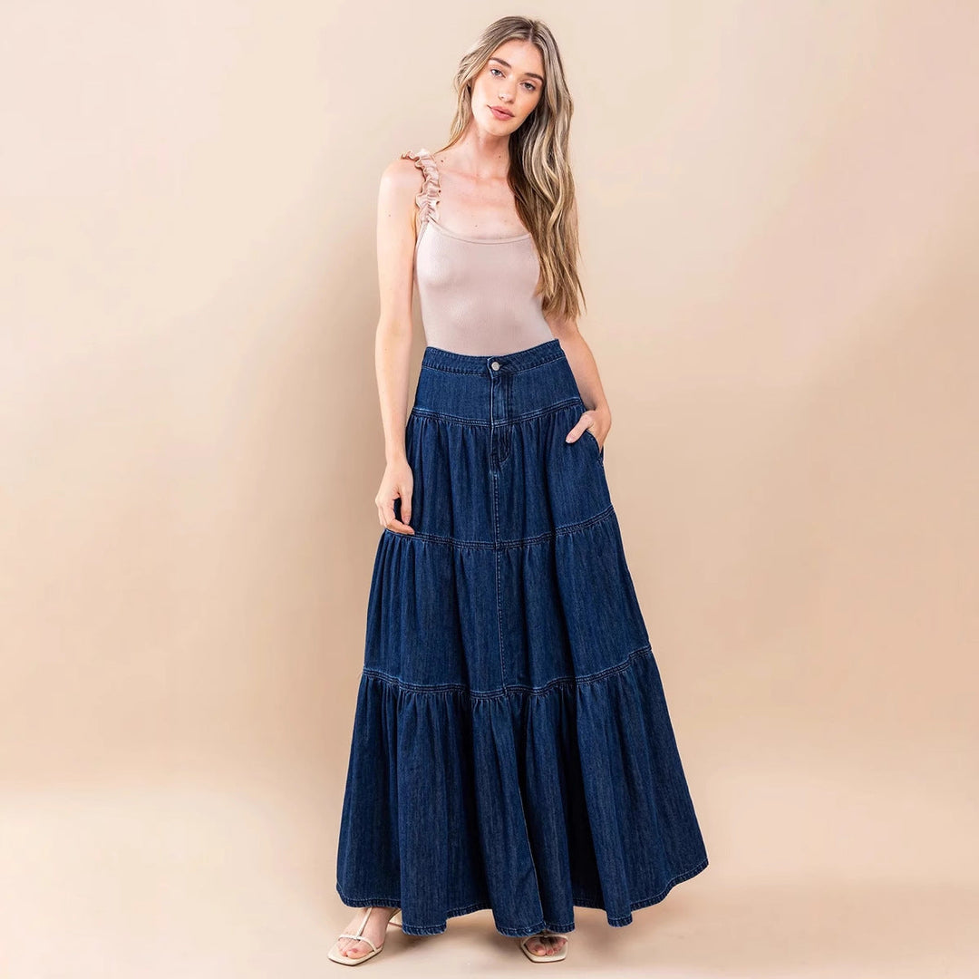 Damen Denim Maxikleid im Boho-Stil mit voluminösem Rock und Rüschen