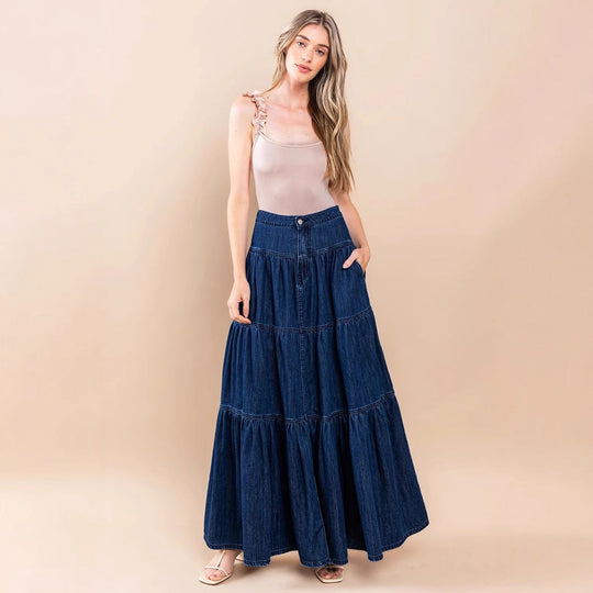 Damen Denim Maxikleid im Boho-Stil mit voluminösem Rock und Rüschen
