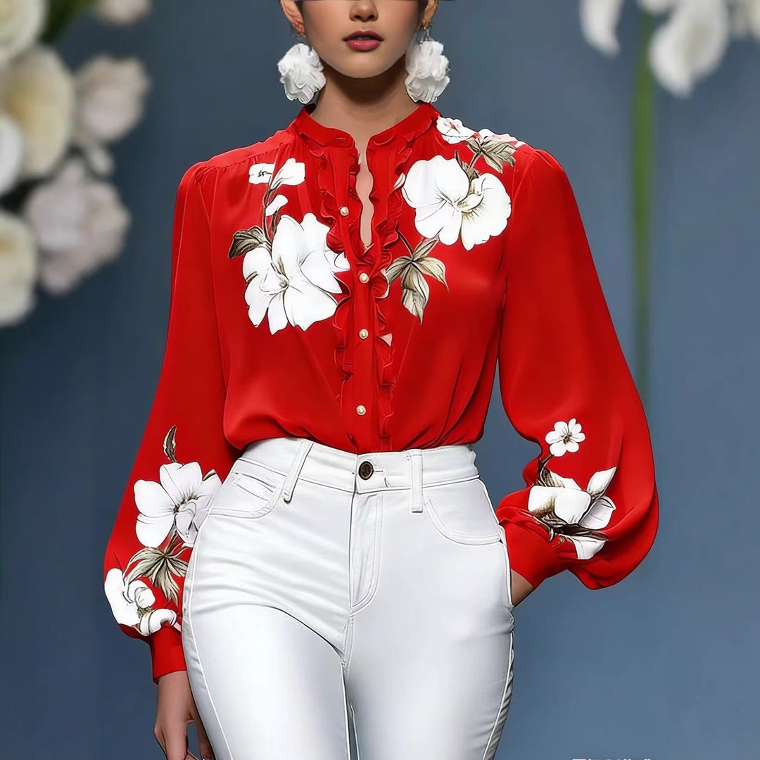 Damen Seidenbluse mit Rüschenblende und floraler Applikation Shop Nory