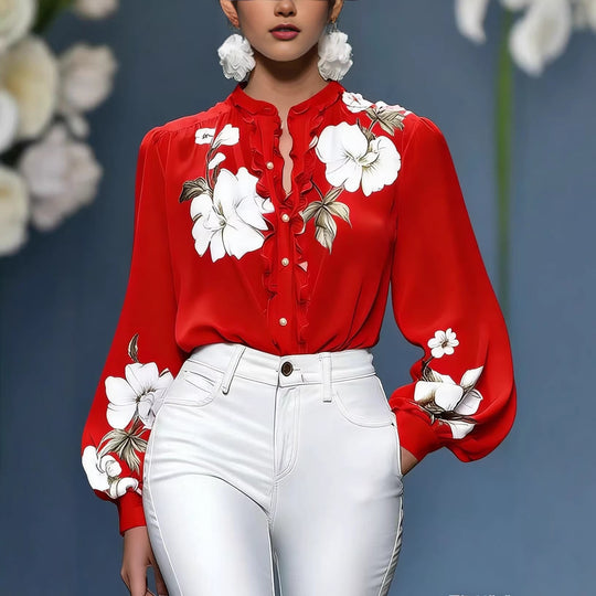 Damen Seidenbluse mit Rüschenblende und floraler Applikation Shop Nory