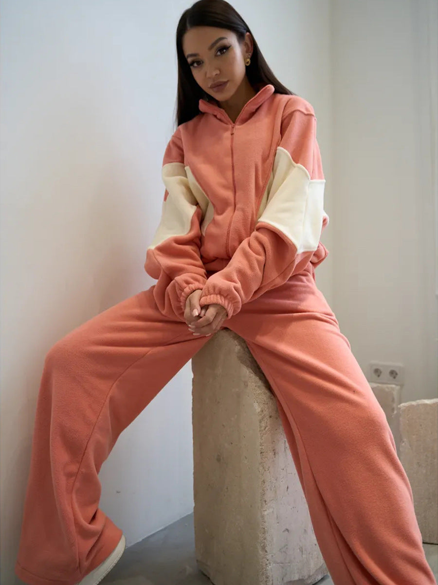 Damen Oversized Fleece-Lounge-Set mit Stehkragen, Reißverschlussjacke und weiter Palazzohose Shop Nory