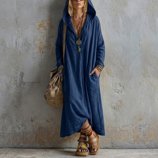 Damen Langes Kapuzenkleid im Boho-Look mit V-Ausschnitt, Eingrifftaschen und lockerem Fall Shop Nory