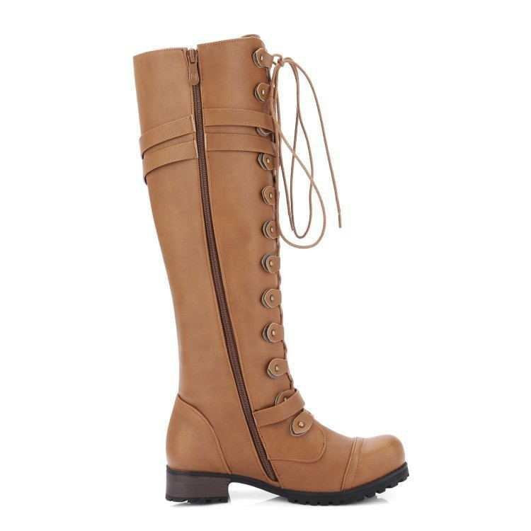 Damen Kniehohe Schnürstiefel mit verstellbaren Zierschnallen und robuster Profilsohle Shop Nory