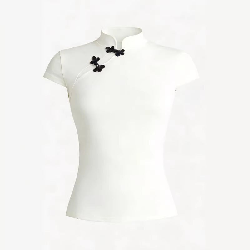 Damen Chinesisch inspirierte Bluse mit modernem Stehkragen und floralen Details