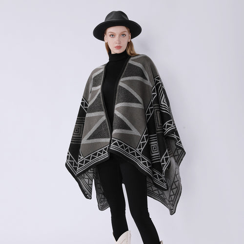 Damen Geometrischer Wollmix-Überwurfponcho mit Kettelkante Shop Nory