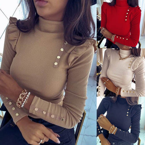 Damen Gerippter Rollkragenpullover mit Rüschenschultern und Zierknöpfen Shop Nory