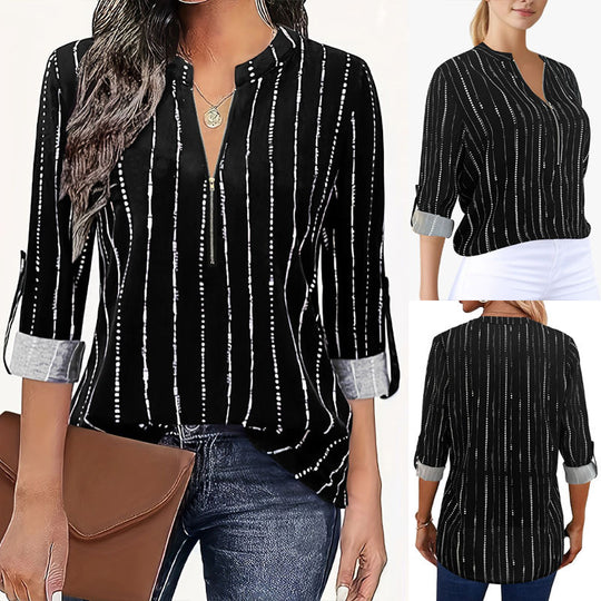 Damen Leichte Viskose-Bluse mit Stehkragen, Reißverschluss und vertikalem Punktstreifen Shop Nory