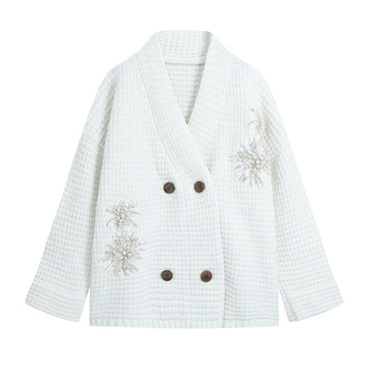 Damen Grobgestrickter Double-Breasted Cardigan-Mantel mit Schalkragen und Perlen‑Pailletten-Applikation Shop Nory