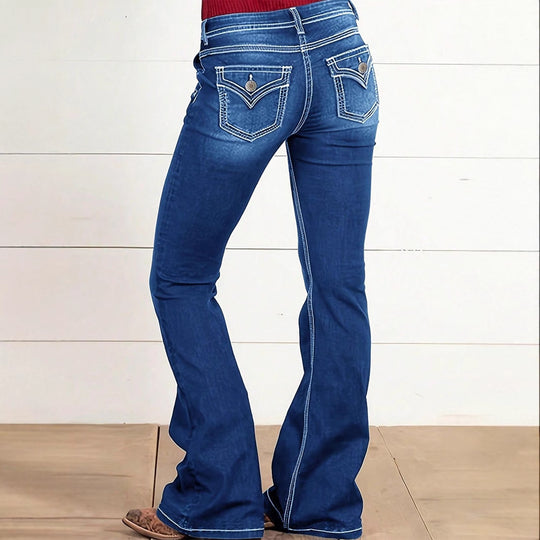 Damen Taillenbetonte Bootcut-Jeans mit Zierknopf-Applikation und Kontrastnähten Shop Nory