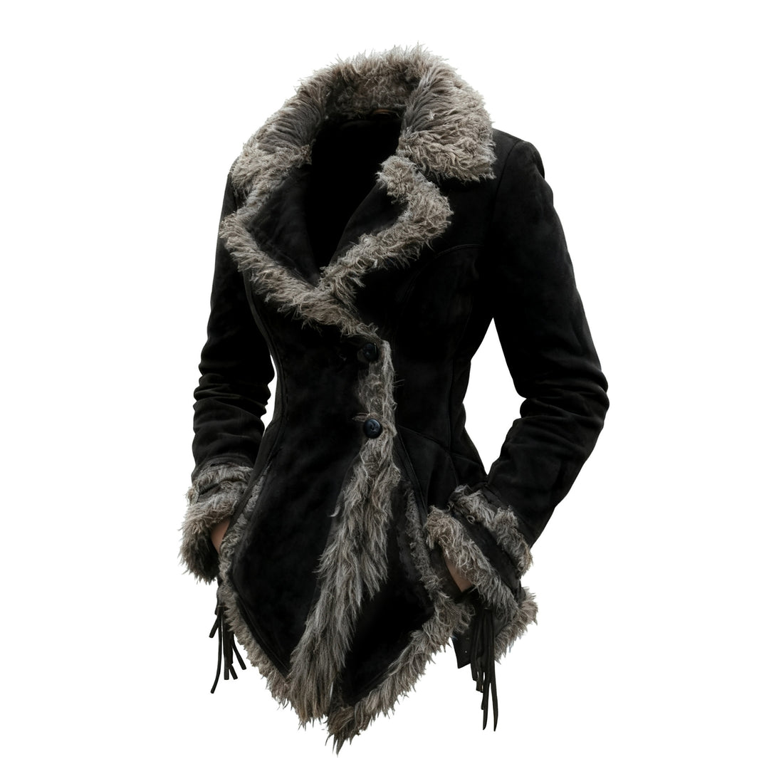 Damen nan taillierter Wildlederimitat Mantel mit kuscheliger Kunstfell‑Kante und Fransen Shop Nory