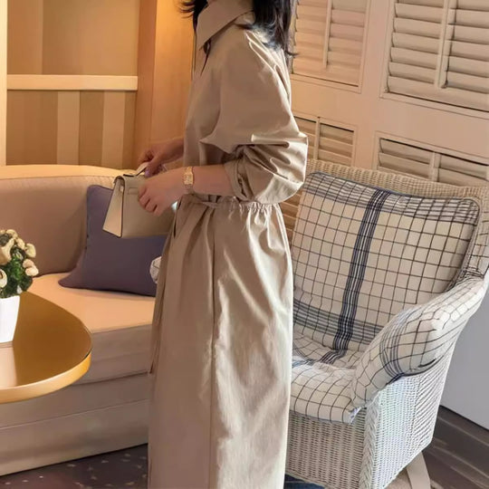 Damen Langärmeliges Hemdblusen-Maxikleid mit Taillengürtel und Eingrifftaschen Shop Nory