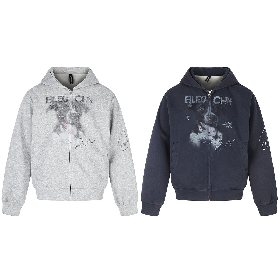 Unisex Kurz geschnittene Kapuzen‑Zipjacke mit grafischem Hundeprint und geripptem Saum Shop Nory