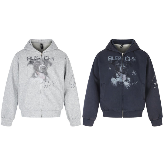 Unisex Kurz geschnittene Kapuzen‑Zipjacke mit grafischem Hundeprint und geripptem Saum Shop Nory
