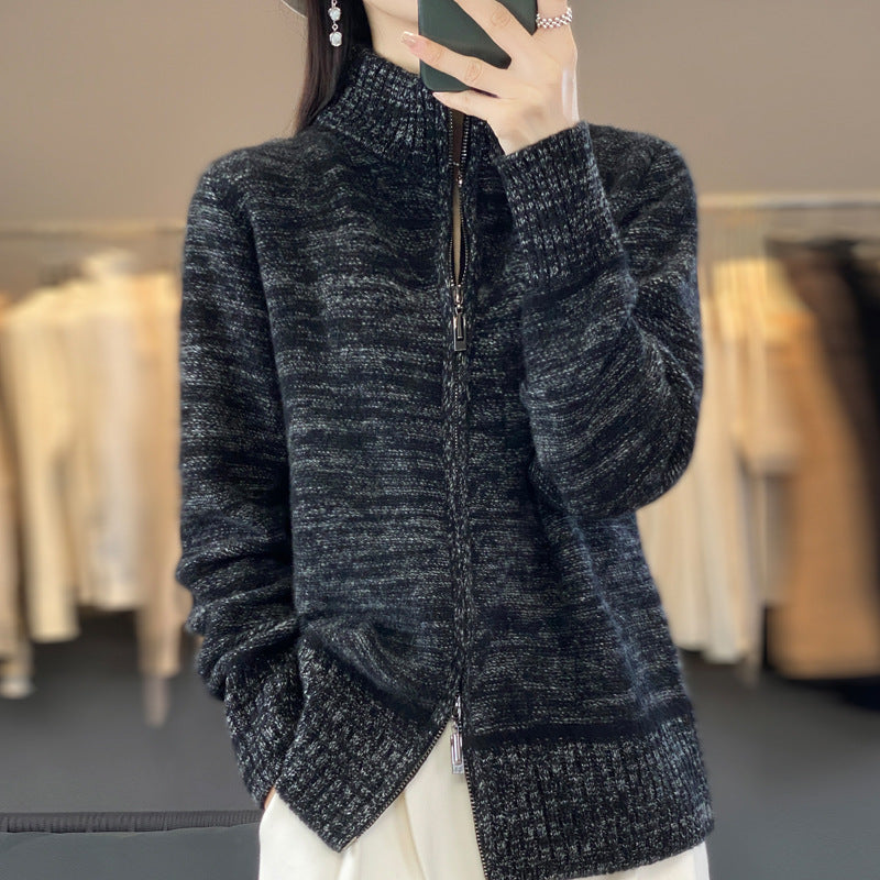 Damen Reißverschluss‑Strickjacke mit melierter Struktur und Stehkragen Shop Nory
