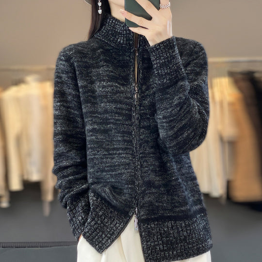 Damen Reißverschluss‑Strickjacke mit melierter Struktur und Stehkragen Shop Nory