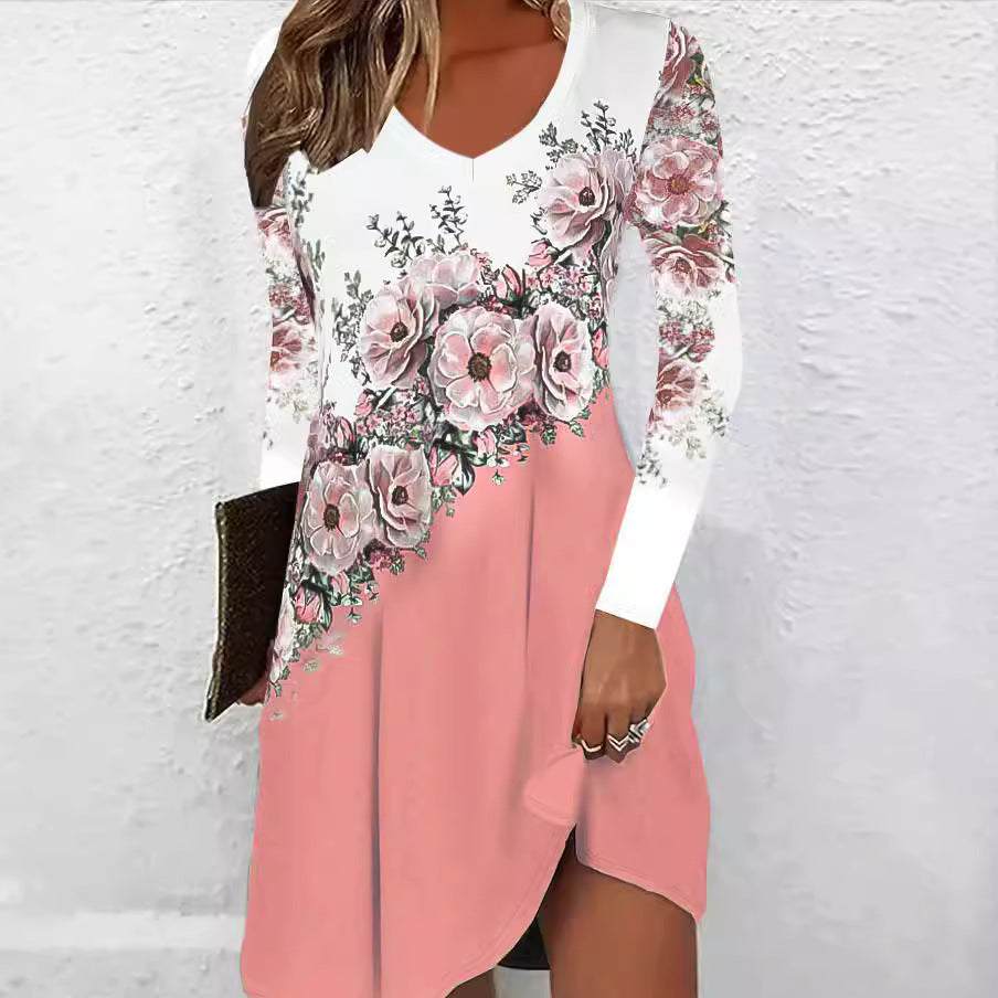 Damen Vokuhila-Kleid mit V-Ausschnitt, langen Ärmeln, floraler Diagonal-Print und seitlichem Schlitz Shop Nory