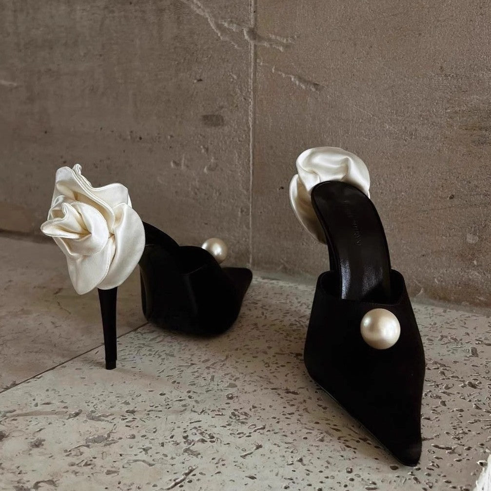 Damen spitze Satin-Flower Stiletto-Mules mit Perlenapplikation Shop Nory