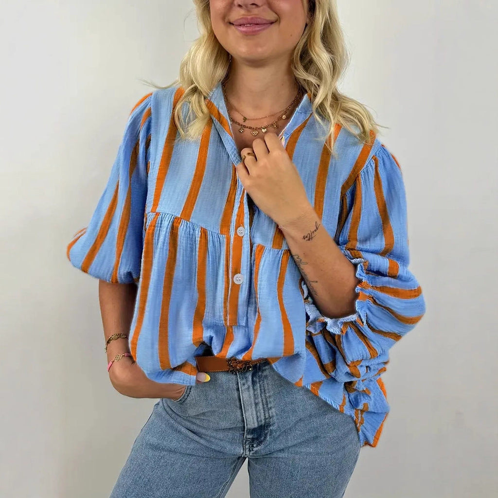 Damen Lässige gestreifte Bluse mit weiten Ärmeln und Knopfleiste Shopnory