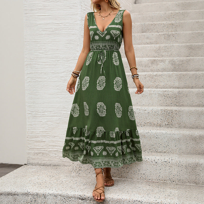 Damen Maxikleid mit V-Ausschnitt, tailliertem Bindegürtel und gestuftem Volant Saum Shop Nory
