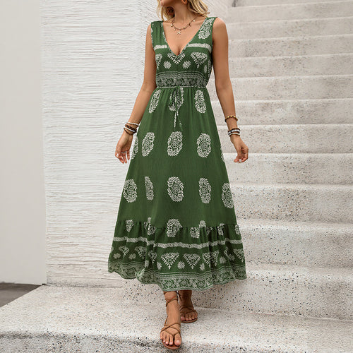 Damen Maxikleid mit V-Ausschnitt, tailliertem Bindegürtel und gestuftem Volant Saum Shop Nory