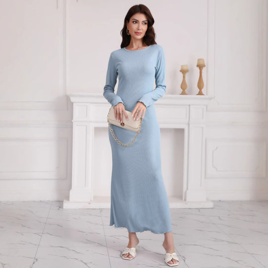 Damen Langes geripptes Bodycon-Maxikleid mit Rundhals & langen Ärmeln Shop Nory