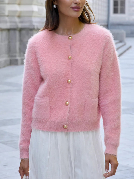 Damen Flauschige Strickjacke mit goldenen Knöpfen Shop Nory