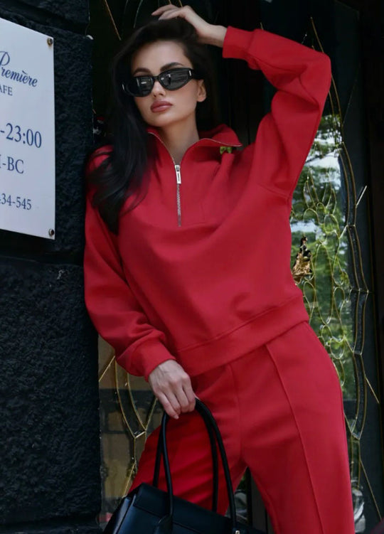 Damen Oversize-Halbreißverschluss-Sweatshirt mit weit geschnittener hochgeschnittener Palazzo-Hose Shop Nory