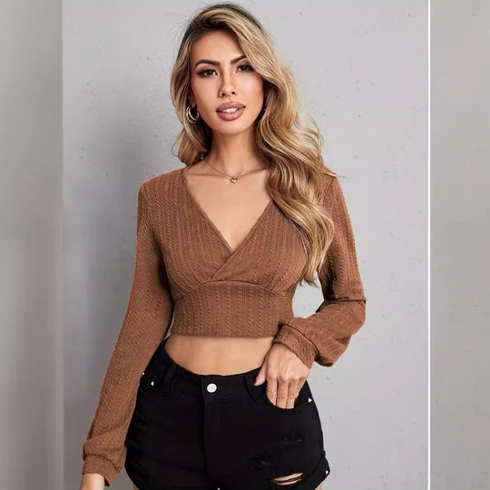 Damen Geripptes Cropped Wickel-Strickoberteil mit V‑Ausschnitt Shop Nory