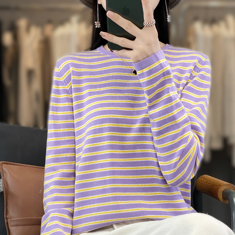 Damen Leichter Baumwollmix-Streifenpullover mit Rundhals, Raglanärmeln und lässiger Silhouette Shop Nory