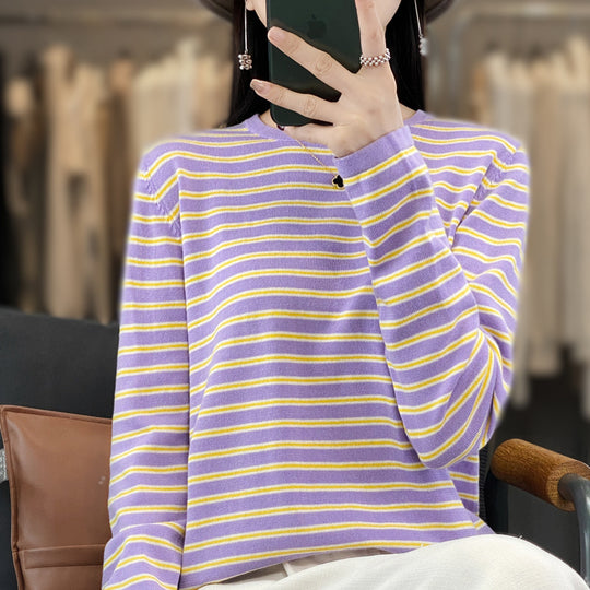 Damen Leichter Baumwollmix-Streifenpullover mit Rundhals, Raglanärmeln und lässiger Silhouette Shop Nory
