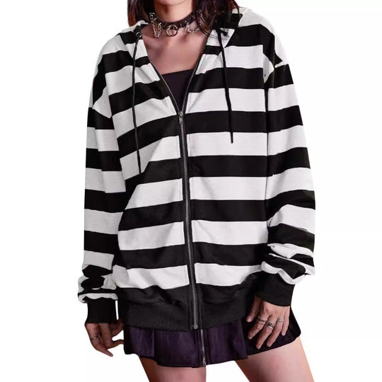 Damen Streifen-Hoodie mit Reißverschluss und lässigem Schnitt
