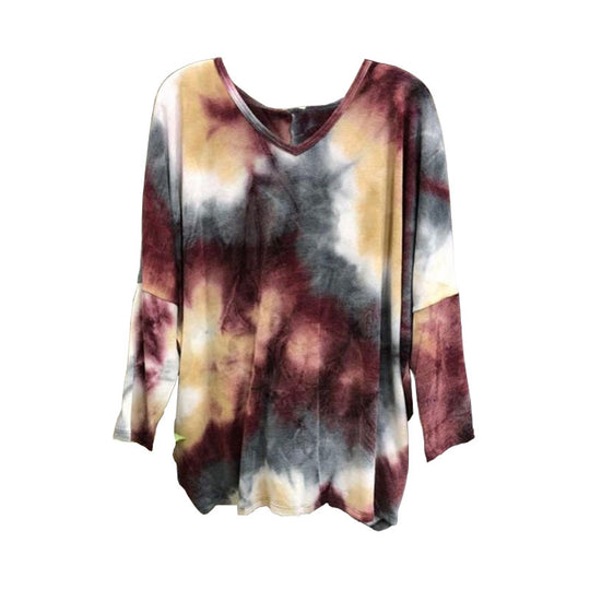 Damen Weiches V-Ausschnitt Longshirt im Aquarell-Batik mit geschwungenem Saum Shop Nory
