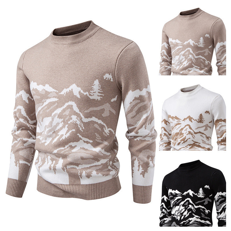 Herren Strickpullover mit Bergmotiv und hohem Kragen