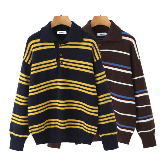 Damen Oversize Polokragen-Strickpullover mit mehrfarbigen Streifen und Rippbündchen Shop Nory