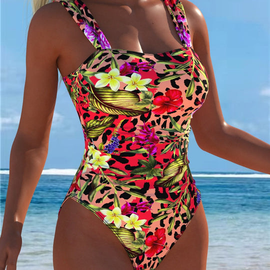Damen einteiliger Badeanzug mit floraler und tierischer Musterkombination Shopnory