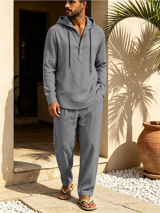Herren Lässiges Leinen-Look Freizeit-Set mit Kapuzenhemd und weiten Hosen Shop Nory