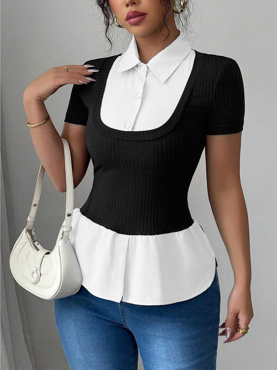 Damen Kurzärmeliges Layering-Top mit Fake-Hemdkragen und Rippstrickkörper Shop Nory